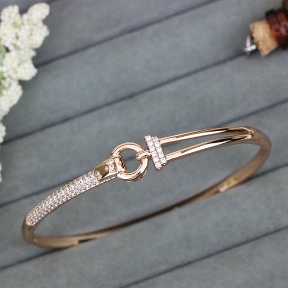 Elegant Rose Gold Bangle with Dual-Tone Ring Accent, XPBL0586 - Picture 1 of 12